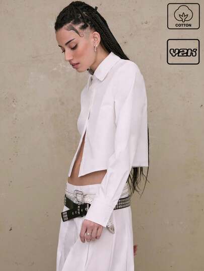 COUREZ Y2K 长袖露脐白衬衫 夏季上衣 女士夏季穿搭 复古 100%纯棉