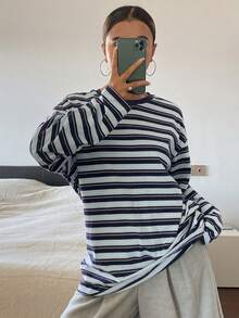 DAZY Women's Casual Striped Loose Long Sleeve Round Neck T-Shirt, Autumn Y2k - Royal Blue - View 8