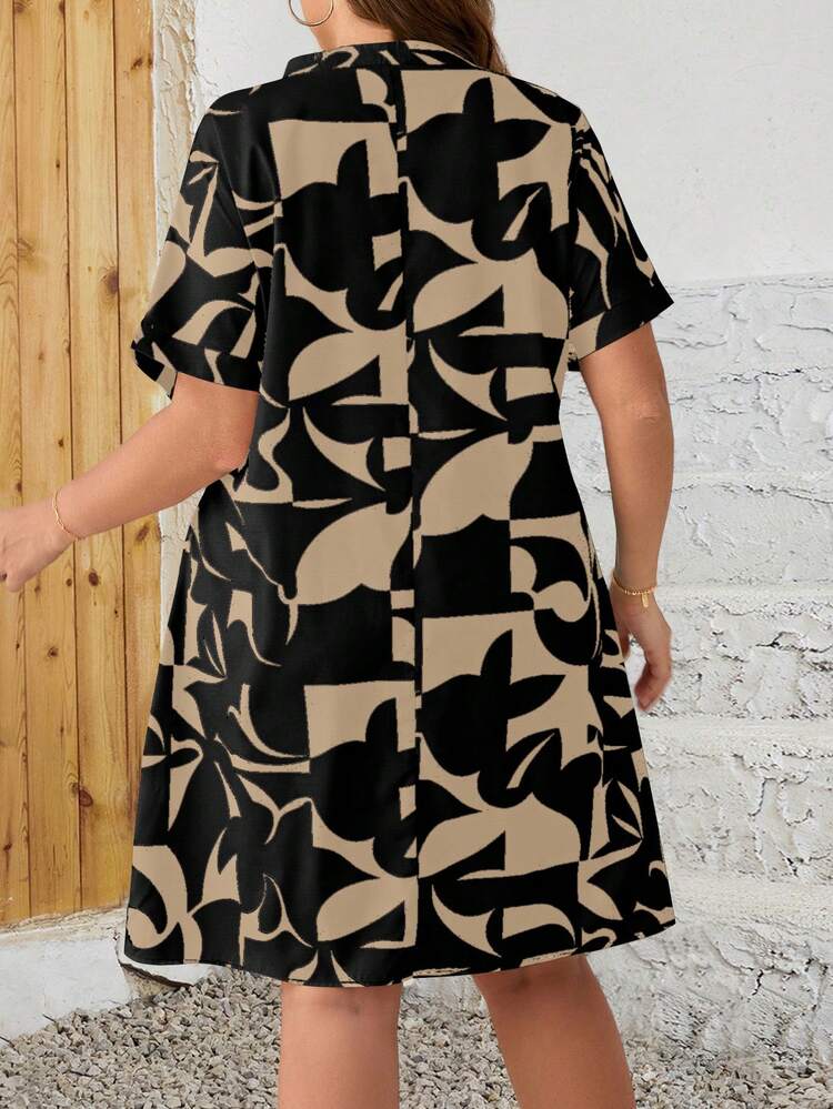 Plus Size Geometric Pattern Casual Vacation Dress, Summer Graphic Dress Plus Size Shirt Dress Geometric Print Dress