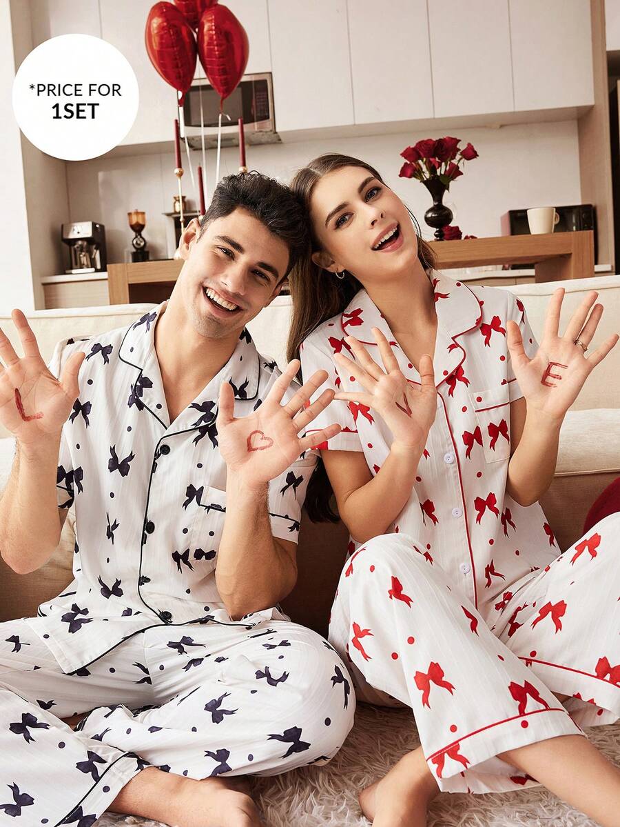 CoupledUp Classic Bow Print Lapel Men's Pajama Set - White - View 1