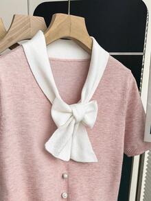 SHEIN Franclia New Arrival Spring/Summer Casual Sweet Cute Bow Tie Knitted Sweater For Women Pink Bow Top Preppy Tops Bow Clothes Light Pink Sweater Rose Top - Pink - View 10