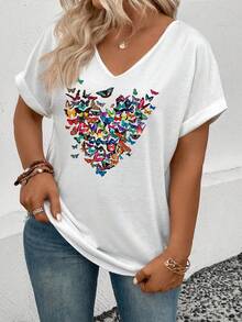 EMERY ROSE Fashionable Casual New V-Neck Turnover Sleeve Colorful Heart & Butterfly Print Plus Size T-Shirt - White - View 4