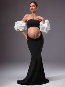 MaterniChic Maternity Clothes Maternity Dress Maternity Photoshoot Dress With Contrast Color Off-Shoulder And Cutout Waist Pregnancy Dress For Photoshoot Elegant Dresses For Women Baby Shower Dress  Pregnancy Photoshoot Dress Sexy Maternity Dress Elegant  Beach Dress Black