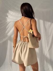 SHEIN EZwear Summer Khaki Woven Backless Jumpsuit For Women - Khaki - View 4