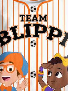 Blippi X SHEIN Young Girl Summer Casual Striped Cartoon Pattern Round Neck Short Sleeve Dress - White - View 4