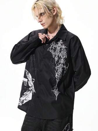 Herren Hemd mit Dunkel-Engel Muster, Einreihig, Lässig Street Fashion