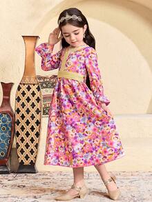 SHEIN 少女小碎花V領長袖洋裝，優雅阿拉伯風禱告裙，適合秋季家庭度假，藍色蝴蝶，套裝穿搭，休閒風 - 紫色 - 查看 6
