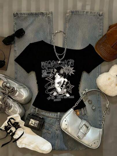 Glimmora 女士休闲猫咪标语印花不对称领口T恤，夏季