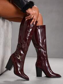 CUCCOO SZL Women's Pointed Toe Buckle Design Fashion Versatile High Heel Knee-High Boots Valentine's Day - Coffee Brown - View 7