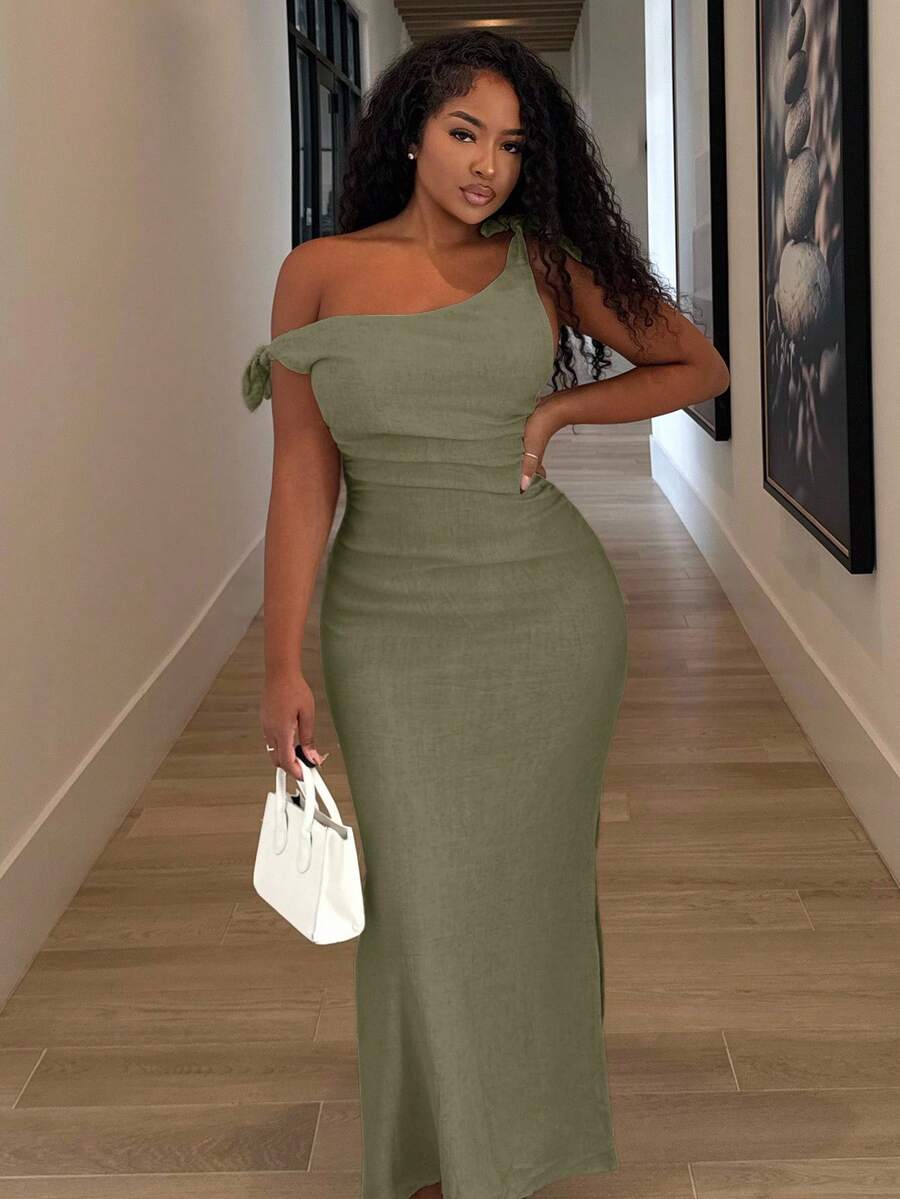 Alexandranx 女式不对称领口结肩优雅连衣裙，夏季 - 軍綠色 - 查看 1