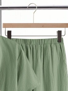 SHEIN 青少年男童两件套休闲宽松百搭舒适高性价比立领梭织短袖衬衫裤套装 - 薄荷綠 - 查看 9