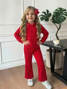 SHEIN 2 Stücke/Set Mädchen Lässig strukturierter Strick Kapuzenpullover kombiniert mit weiten Hosen, geeignet für Kinder Lässig Wear, Schulanfang, Zeremonien, Alltag, Schule, Reisen, Sport, Herbst/Winter - Rot - Übersicht 3