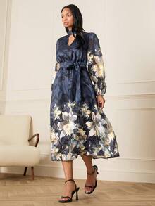 Lilora Chic Multicolor Floral Woven Fabric Dress For Women Keyhole Neckline Puff Long Sleeve A Line Flared Midi Length - Multicolor - View 2