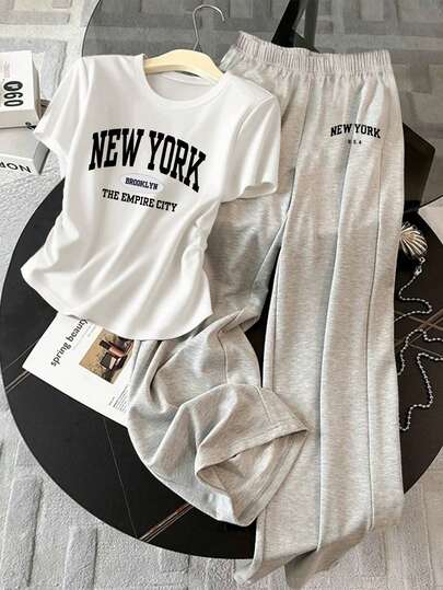 Resyla 女士圆领短袖褶皱纽约休闲夏季两件套