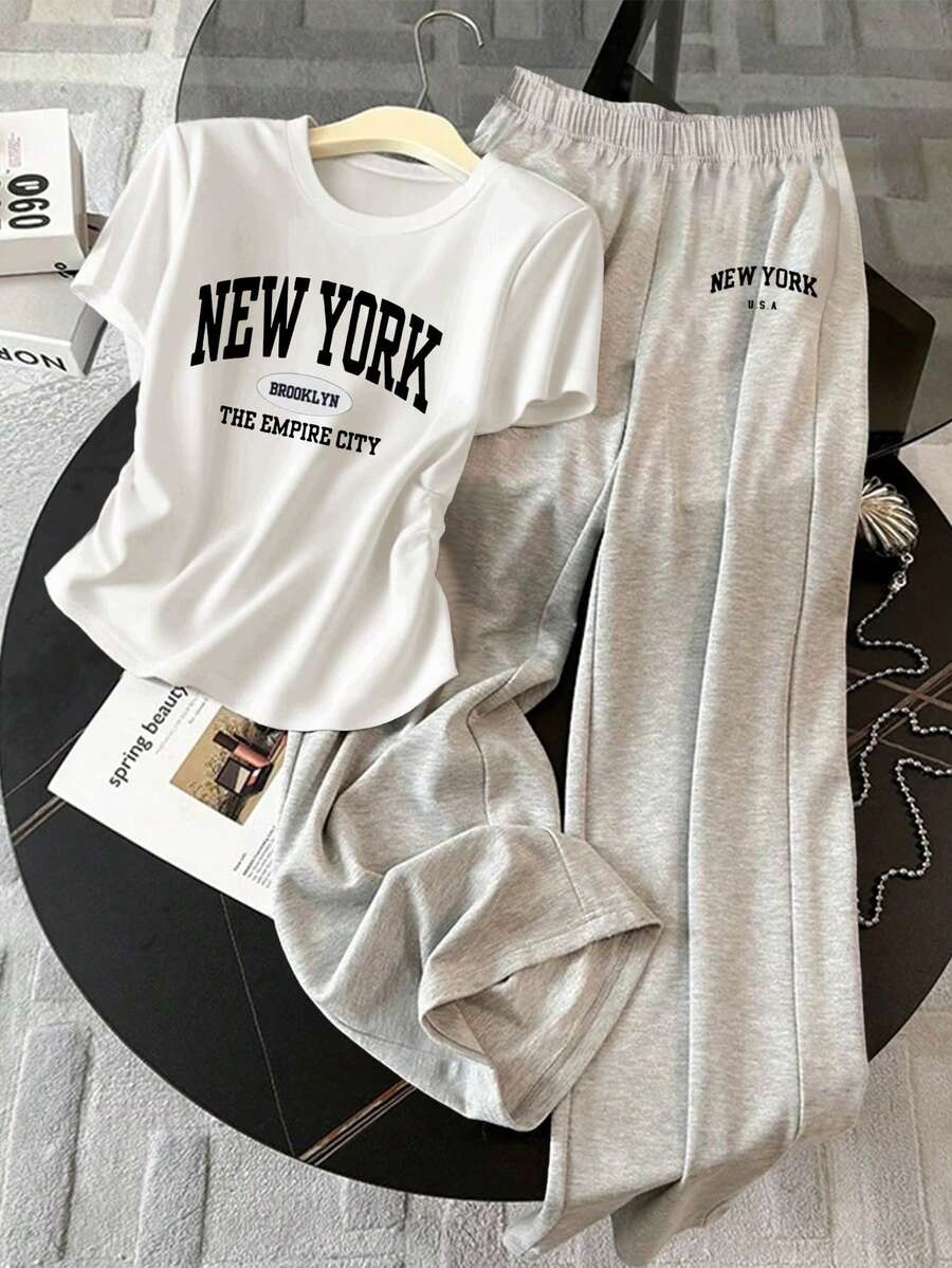 Resyla Women's Round Neck Short Sleeve Ruched New York Casual Summer 2 Pieces Set - Multicolor - View 1
