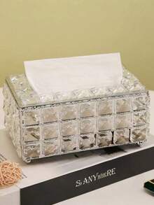 1pc Modern Metal And Crystal Tissue Box - Elegant Tissue Storage Box Metal High-End Luxury Tissue Napkin Holder, Tissue Storage Box For Bathroom Living Room Bedroom, Suitable For Home Centerpieces, Living Room Dining Table Desktop Tissue Box, Thanksgiving, Valentine's Day Home Decoration Perfect Gift - Multicolor - View 5