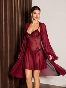 Slumberist Conjunto de camisola y bata de encaje con parches - Burdeos - Ver 1