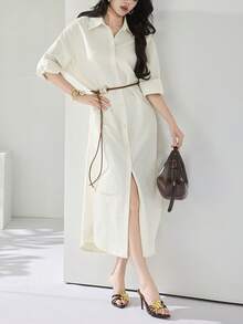 Heiryn New Spring And Summer Casual And Elegant Commuting, Daily Dates, Birthday Parties, Office Wear, Simple And Modern Urban Intellectual Style, Shirt Collar, Lapel, Opening Front, Long Sleeves, Loose Fit, Arc Hem, Long Skirt, Shirt Skirt, Light Yellow Long Dress For Women  Casual Long Dress White Western Dress White Casual Dress Women Women Shirt Dress - Butter Yellow - View 5