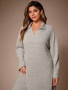 Lazeform Plus Size Women Solid V-Neck Fleece Long Sleeve Casual Nightgown, Suitable For Outdoor Wear, Autumn/Winter - Light Grey - View 5