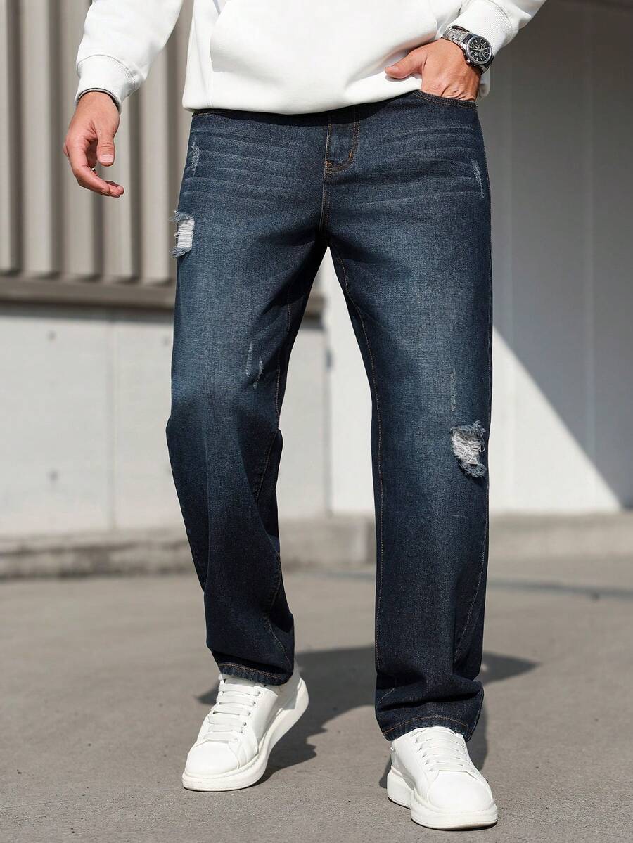 Manfinity Homme Men's Vintage Washed Distressed Ripped Jeans Cotton Splash Ink Dark Denim Slim Straight Fit Loose Baggy Jeans Navy Blue,Summer,Streetwear,City Break - Blue - View 1