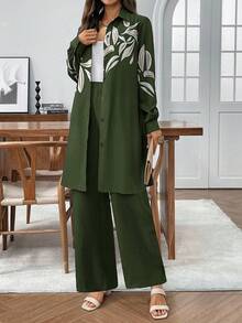 EMERY ROSE 两件套女士休闲撞色纽扣衬衫套装 - 軍綠色 - 查看 6