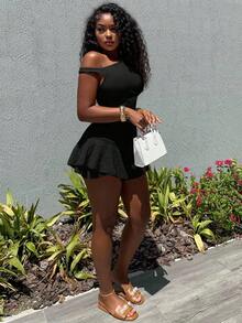 Alexandranx Maweii 女装不对称领口上衣和裙子套装情人节休闲外出派对跨年春夏毕业圣帕特里克节绿色优雅性感少女下摆短裙绿色纹理服装两件套派对聚会俱乐部音乐节下午茶春夏 - 黑色 - 查看 5