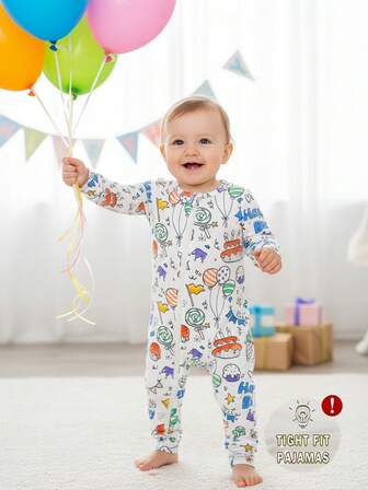 男婴白色底色生日派对主题彩色涂鸦数码印花紧身长袖长款双面拉链连体衣