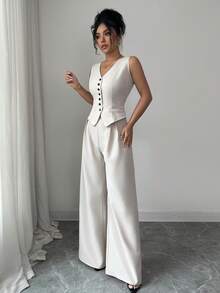 SHEIN Elenzya 2pcs Women's Elegant Vacation & Office Wear Vest + Pants Set - Apricot - View 6