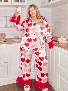 SweetSlumber Bộ đồ ngủ satin dài tay cổ bẻ in hình trái tim và lông vũ cỡ lớn, ngọt ngào. - Đỏ - Xem 6