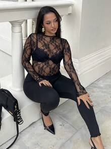 NegzBox 女士纯色蕾丝长袖简约透明衬衫（随机剪裁） - 黑色 - 查看 6