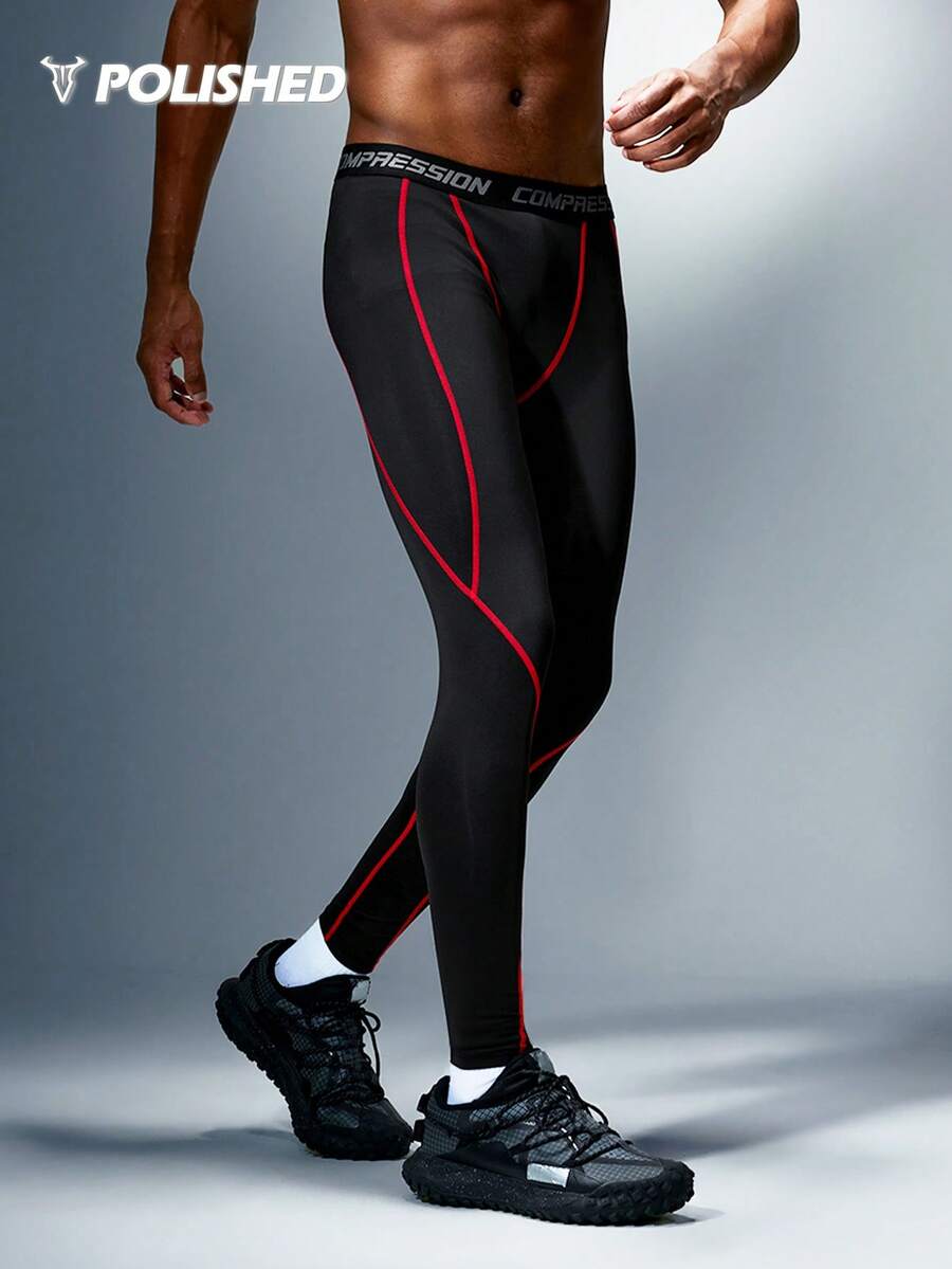 Manfinity Acti Log 男士字母腰带日常健身运动紧身裤 - 黑色 - 查看 1