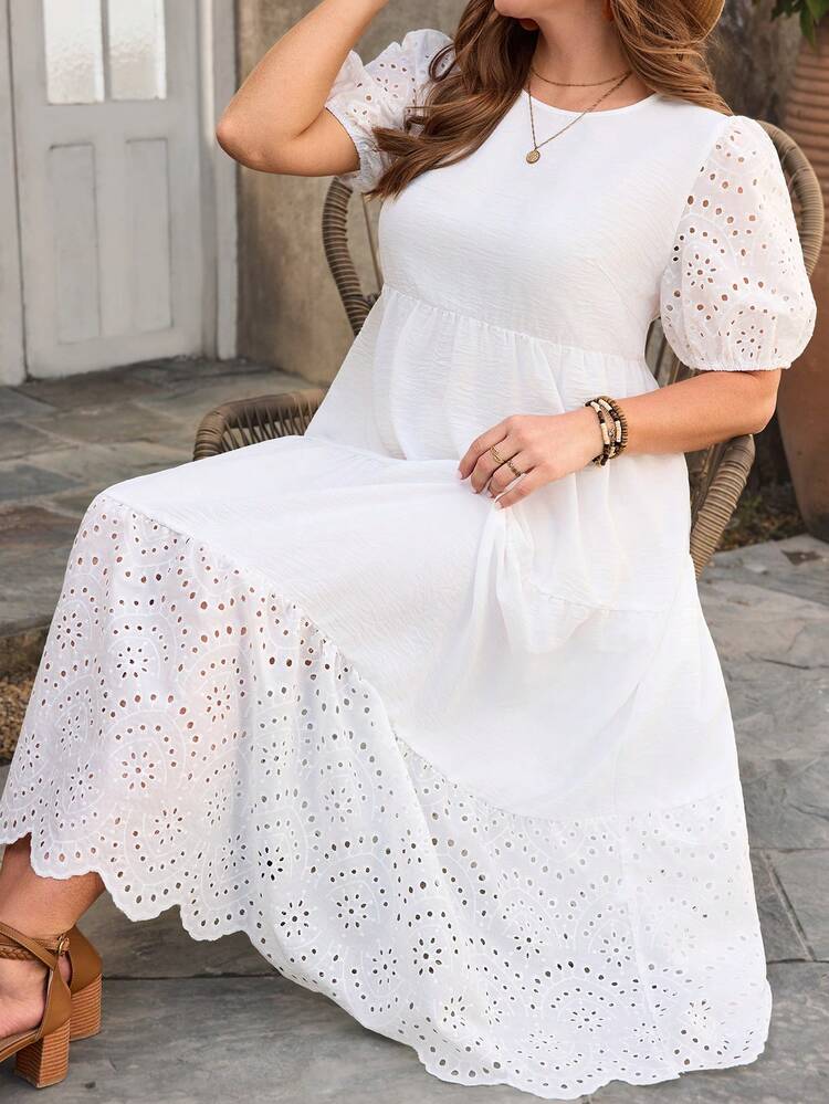 Plus Size Casual Solid Color Hollow Out Embroidery Patchwork Dress For Summer/ Vacation Vacation Outfits Women Holiday Outfits For Women Beach Vacation Outfits For Women White Eyelet Dress White Midi Dress White Boho Dress Bohemian, Summer Dresses