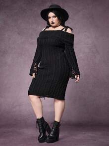 ROMWE Goth 1pc Plus Size Women Shoulder Ripped Design Shoulder Strap Bodycon Dress/Winter - Black - View 6