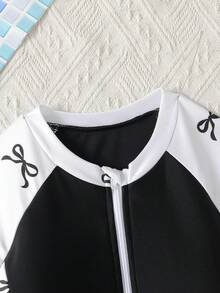 SHEIN Tween Girls' Casual Vacation Colorblock Bow Tie Dye One-Piece Swimsuit, Suitable For Spring/Summer - Black and White - View 5