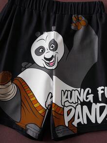 SHEIN Kung Fu Panda 2pcs/Set Young Boy Panda Print Casual Round Neck Short Sleeve T-Shirt And Shorts Pajama Set, Summer - Black and White - View 5