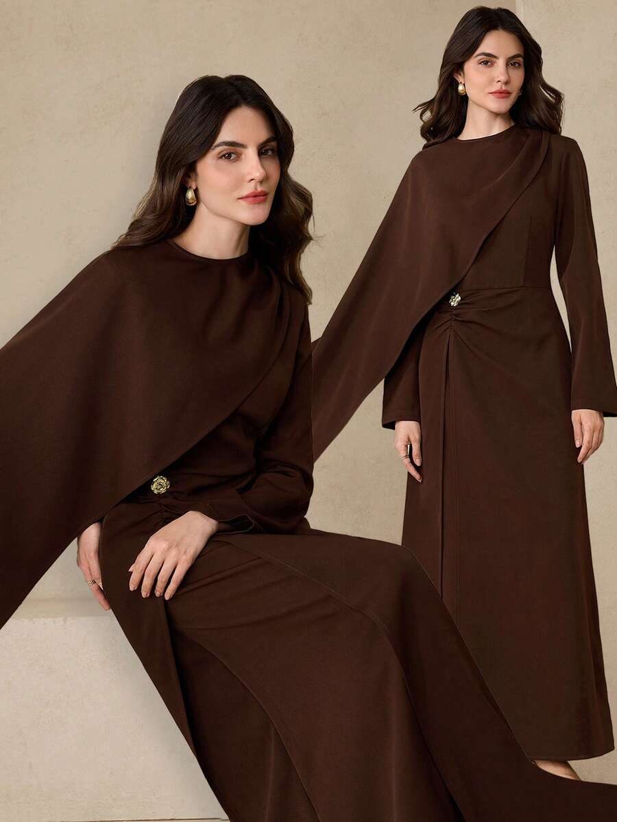 Graceveil Đầm dài tay màu nâu, kiểu dáng thanh lịch với cổ áo choàng rời dành cho nữ, thiết kế 2 trong 1.
