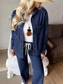 EMERY ROSE Bộ áo dài tay và quần jeans tối giản màu trơn dành cho nữ, trang phục thường ngày - Màu xanh lam - Xem 4