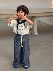 DAZY Young Boy Drawstring Waist Striped Casual Versatile Wide Leg Pants For Daily Wear