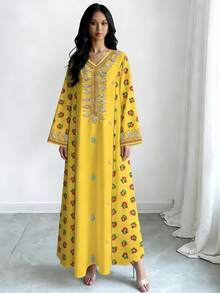 SHEIN Najma 女士黄色花卉仿刺绣印花V领长袖优雅阿拉伯风长连衣裙，春秋季 - 彩色 - 查看 4