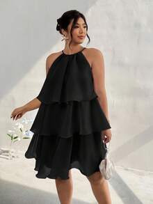 Firerie Plus Size Elegant Layered Cake Dress, Lightweight & Slimming, Suitable For Dates, Gatherings, Parties, Sleeveless For Women, Spring/Summer, Summer Dresses - Black - View 1