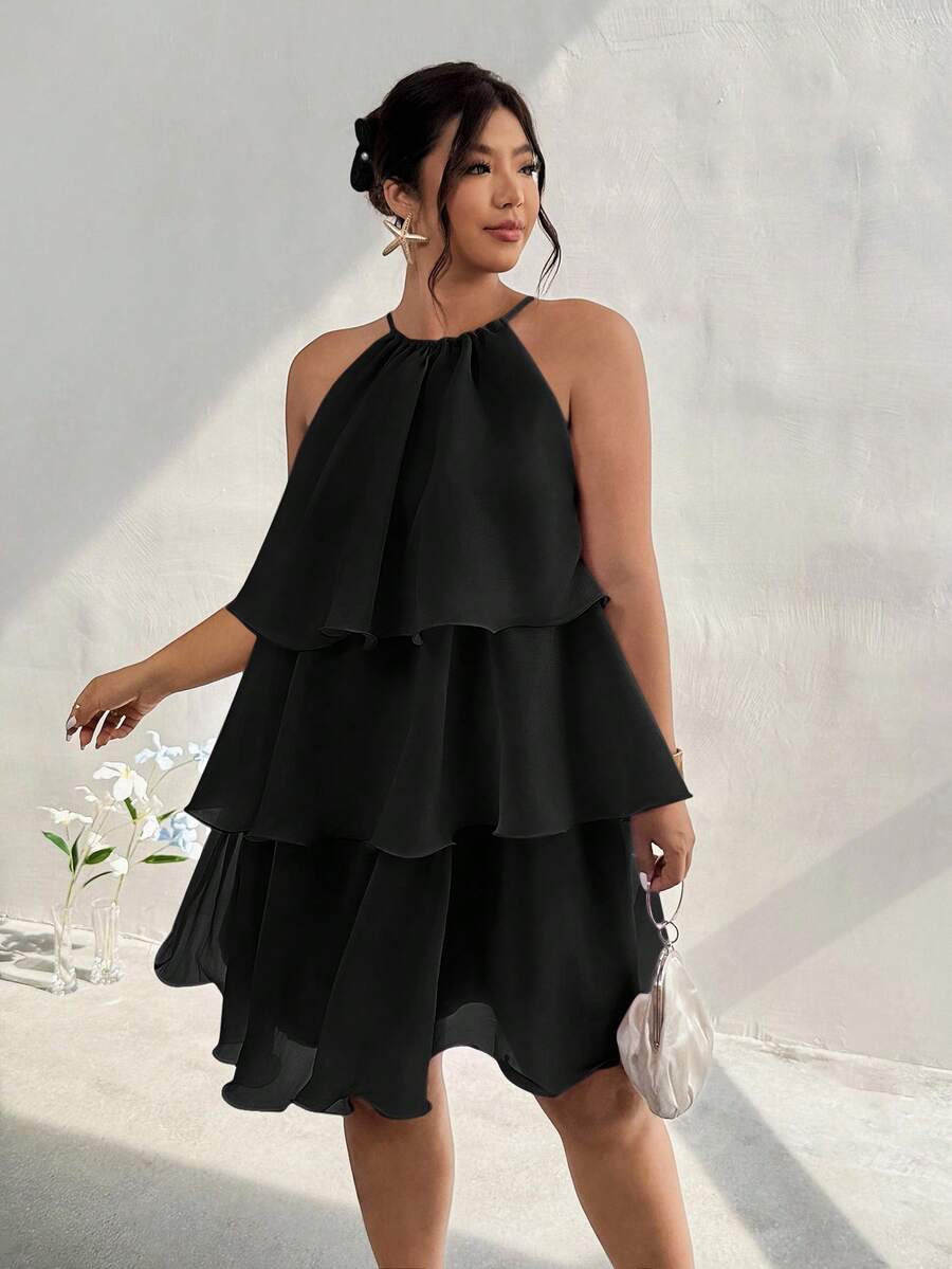 Firerie Plus Size Elegant Layered Cake Dress, Lightweight & Slimming, Suitable For Dates, Gatherings, Parties, Sleeveless For Women, Spring/Summer, Summer Dresses - Black - View 1