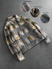 PAVTROS Men's Vintage Checkered Shirt,Baggy,Grunge,Long Sleeve Shirts,Streetwear Long Sleeve Boxy Zip-Front Shirt, Retro Reinterpretation, Classic Checkered And Distressed Pattern, Minimalist Numeric Accents, Striking And Modern, Fusion Of Contemporary And Vintage Styles, Suitable For Casual, Streetwear, Outdoor, Theme Parties, Fashion Outfits, Holiday Gifts, Boyfriend/Husband Gifts - Yellow - View 3