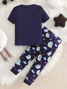 SHEIN Bộ đồ ngủ ngắn tay cổ tròn dáng ôm màu xanh dương, thoải mái, họa tiết voi và trăng dễ thương cho bé trai, thích hợp cho mùa xuân/hè. - màu đen - Xem 2