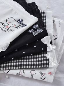 极简黑白猫咪印花可爱女童内裤，中腰学生三角裤，卡通打底裤 - 彩色 - 查看 4