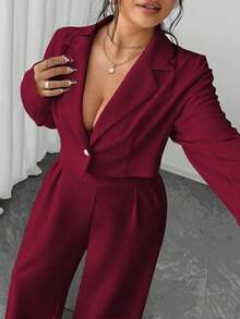 SHEIN PETITE CURVE Bộ đồ liền thân ống rộng 2 món, áo khoác blazer công sở thanh lịch tối giản dành cho nữ cỡ lớn và áo liền quần không tay thắt eo - Màu Đỏ Sâu - Xem 8