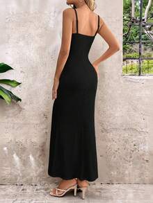 SHEIN LUNE Women's Black Knitted Spaghetti Strap Sleeveless Rib-Knit Maxi Cami Dress Casual Plain Mermaid Hem Long Dress Long Black Dress Tight Long Dress Knit Maxi Dress Bodycon Maxi Dress - Black - View 2