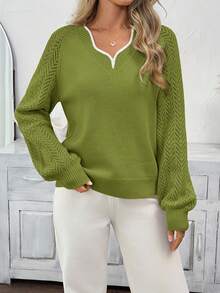 SHEIN LUNE Women's Casual Colorblock Wave Collar Long Sleeve Sweater, Basic Everyday Wear For Autumn/Winter,Casual - Green - View 5