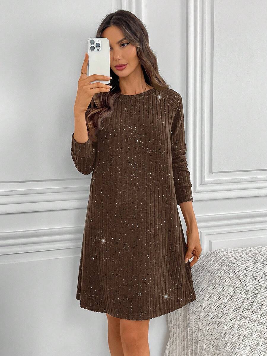EMERY ROSE Women's Glitter Round Neck Long Sleeve Short Dress Jumper Dress Brown Dress Women Coffee Brown Dress Long Sleeve Dresses Woman - Coffee - View 1