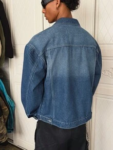 Manfinity EMRG Men's Casual Streetwear Multi-Pocket Striped Blue Denim Jacket Men Shacket - Dark Wash - View 2