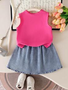 Elladie kids 两件套：少女可爱樱桃刺绣针织无袖上衣搭配牛仔百褶刺绣裙，甜美俏皮的夏季套装 - 玫紅色 - 查看 2